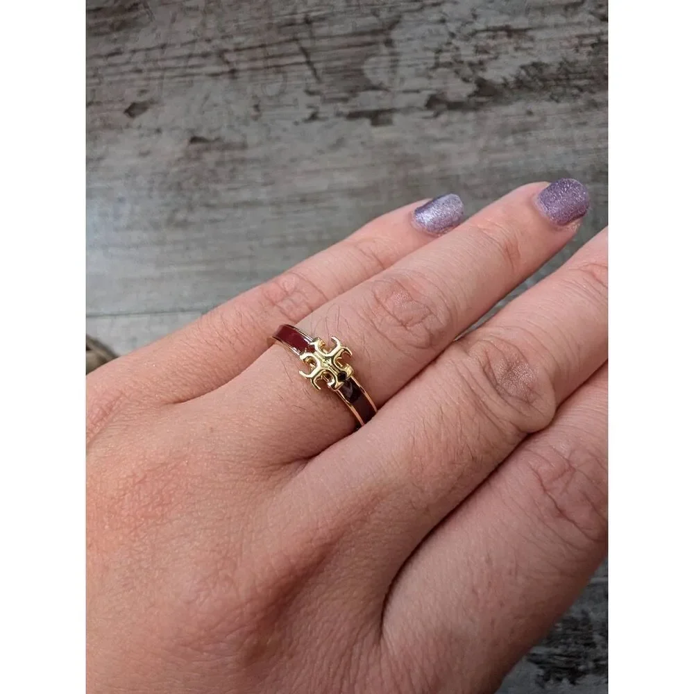 TORY BURCH Kira Maroon Enamel Double T Logo Ring Size 8